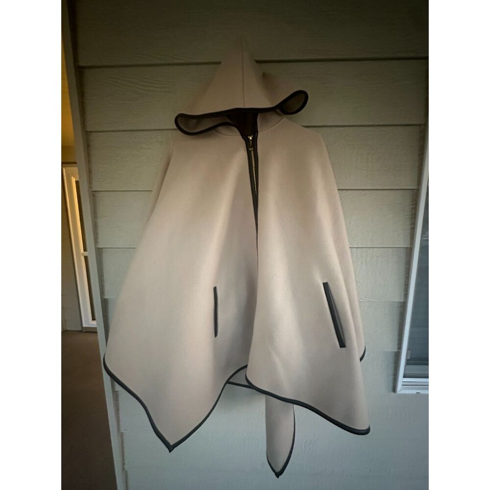 Kenneth Cole New York Hooded Full Zip Poncho Cape Faux Leather Trim Beige Size M
